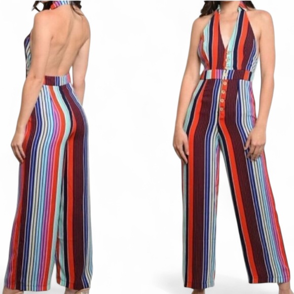 Multi Colored Striped Halter Style Jumpsuit - Picture 5 of 11